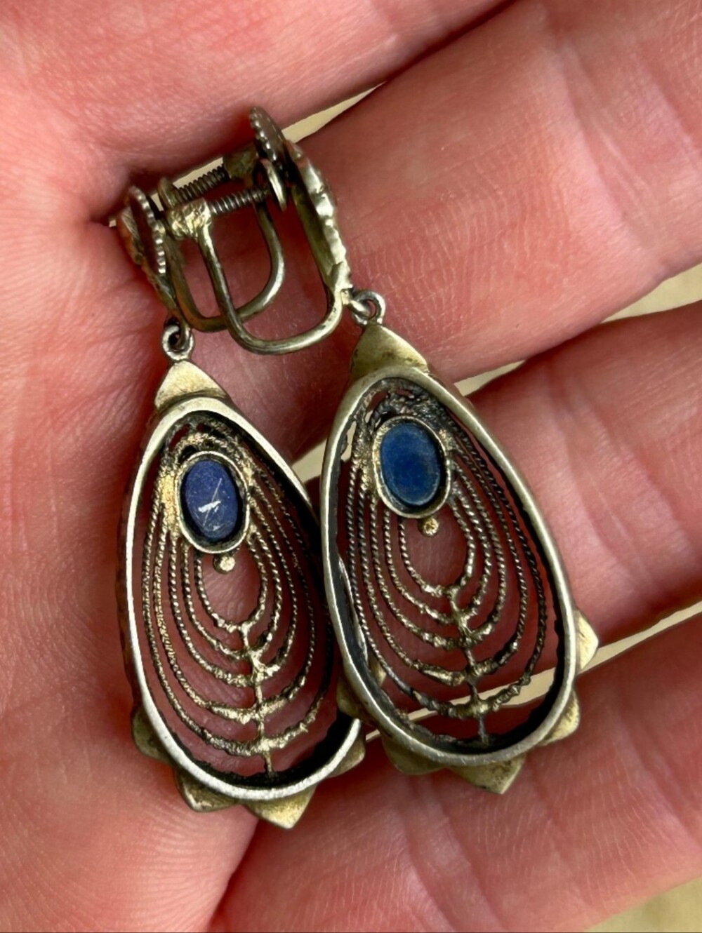 Vintage 835 Silver German Lapis Lazuli Earrings - Picture 5 of 7